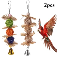 2 pcs colorful parrot toy natural rattan bird cage hanging toy with bells pet parakeet parrot birds chew toys birds accessories