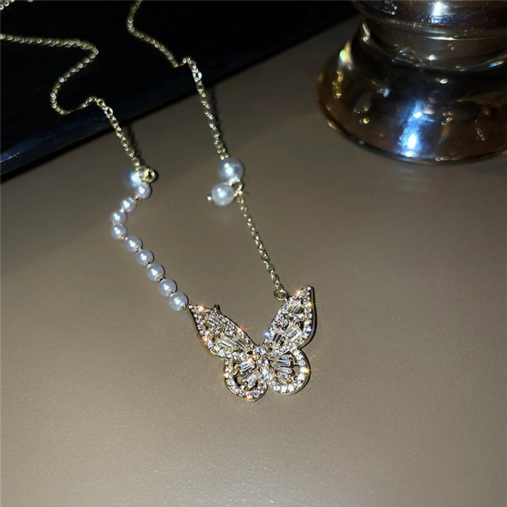 

Romantic Pearl Butterfly Pendant Necklace for Women Bead Chain Choker Bling Heavy Metal ​Party Jewelry Accessories Gift
