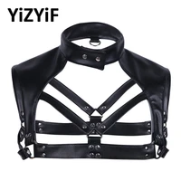 men sexy harness belt faux leather lingerie zentai body chest harness male nightclub costumes with choker neck press buttons