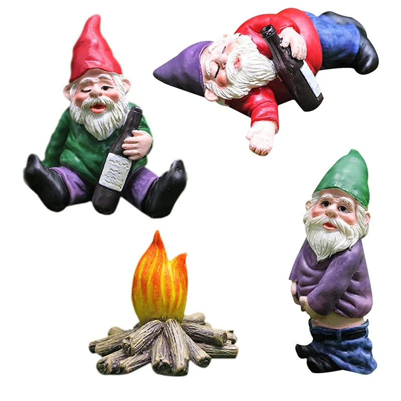 

4Pcs Funny Outdoor Garden Gnomes Statues Decorations Set Resin Mini Drunk Gnome Dwarf and Bonfire Ornaments for Garden Lawn Deco