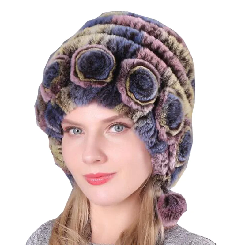 

2021 Winter Lady Warm Knit Genuine Fur Caps Russian Outdoor Fur Hats Women Flowers Striped Natural Rex Rabbit Fur Hats