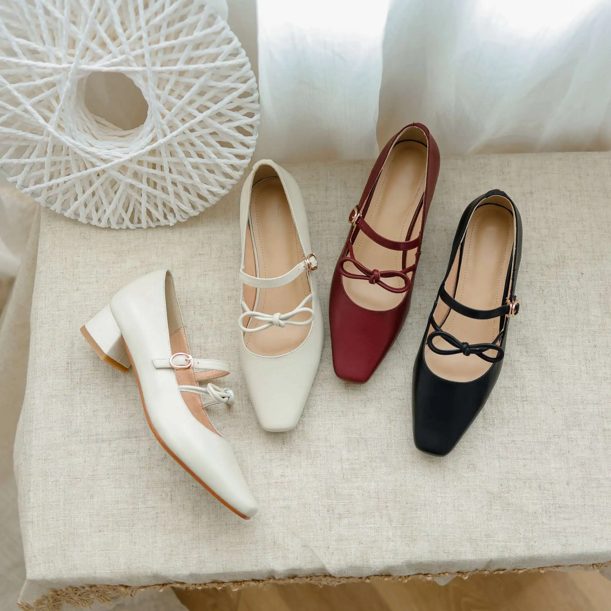 

Krazing Pot 2021 spring new style full grain lather butterfly-knot square toe thick med heel buckle straps dress women pumps L01