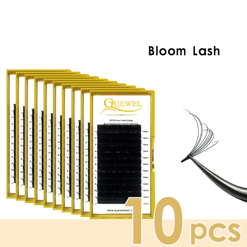 Quewel 10 Case Easy Fanning Eyelash Extension Blooming Eyelashes Thick Volume Lash Fast Fans Silk Fake Lashes Tools Wholesale