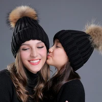 2022 simple winter hat women knitted beanie hat real raccoon fur pompom hat for female kids warm chunky thick stretchy hat