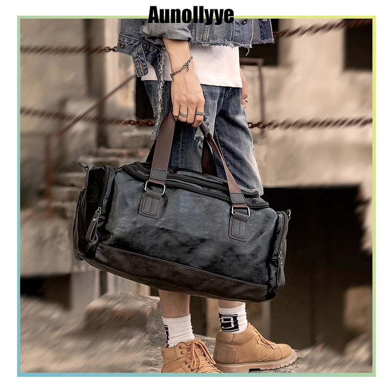 

Men's PU Leather Gym Bag Sports Bags Duffel Travel Luggage Tote Handbag for Male Fitness Men Soft Trip Carry ON Shoulder Bags