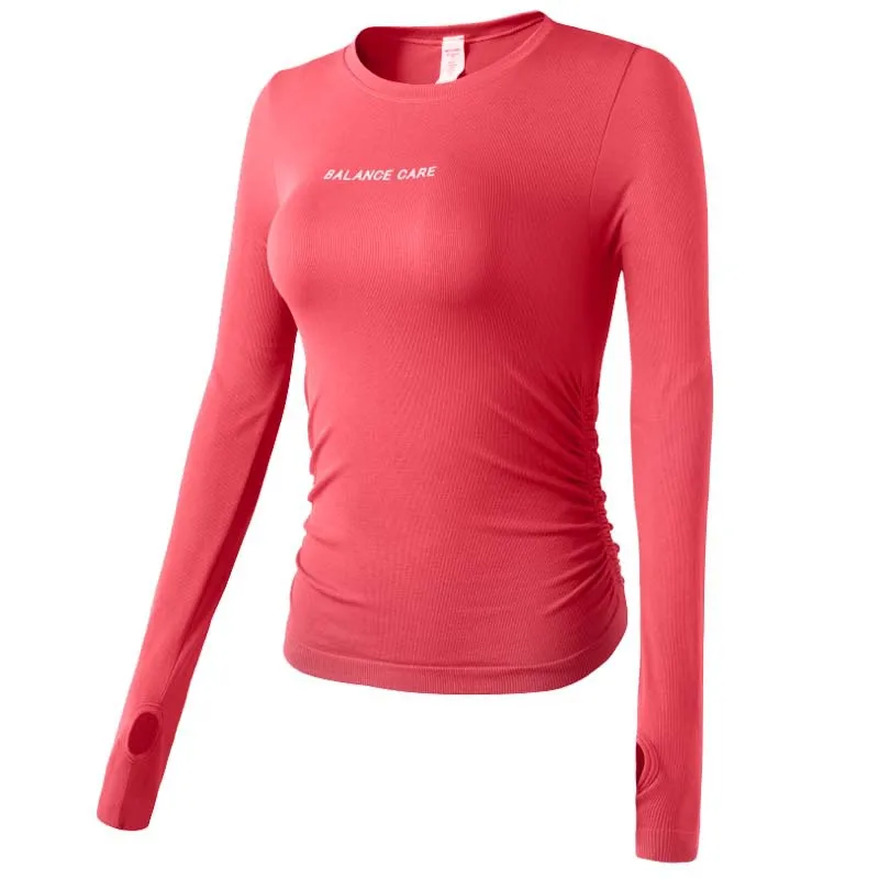 

Women Spring New Side Elastic Folds Sports Long Sleeves T Shirts Stretch Quick Dry Slim Skin-Friendly Letter Casual Yoga Shirt