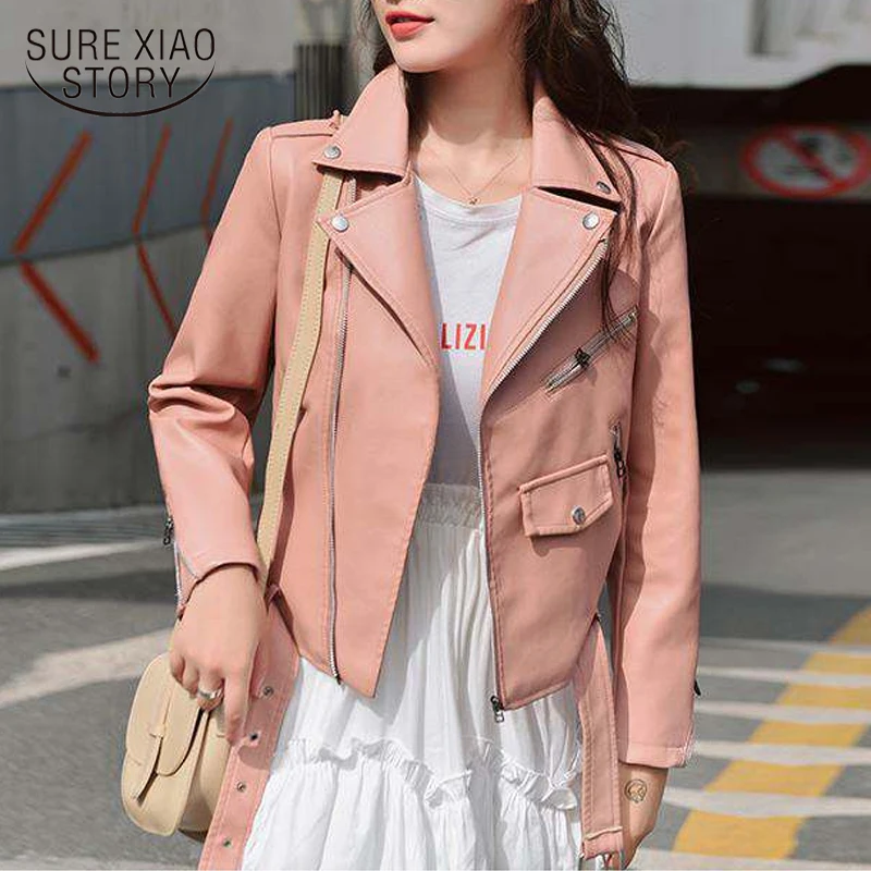 

Spring Autumn Fashion New Women Faux Leather Jacket Ladies Solid with Belt Zipper Biker Coat Female Casual Outwear Pink 15692