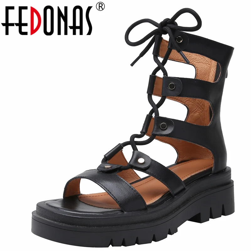 

FEDONAS Summer Rome Style Women Sandals Genuine Leather Cross-Tied Thick Heels Fashion Casual Gladiator Shoes Woman Brand Design