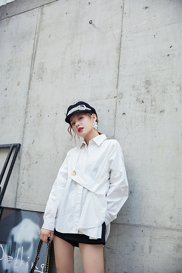 

2020 New White Shirt Women Irregular Shirt Long Sleeve Solid Color Lapel Chiffon Shirt