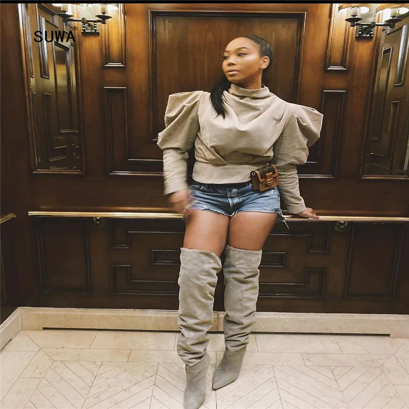 

Женская плиссированная водолазка, однотонный пуловер с драпировкой и длинными рукавами-фонариками, необычный дизайн, уличная одежда, весна...