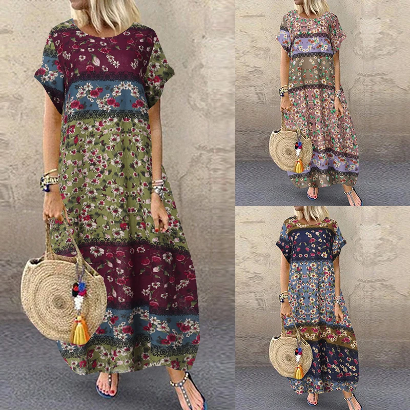 

Fashion Summer Maxi Dress Women's Printed Sundress Casual Short Sleeve Vestidos Female High Waist Robe Femme Plus Size