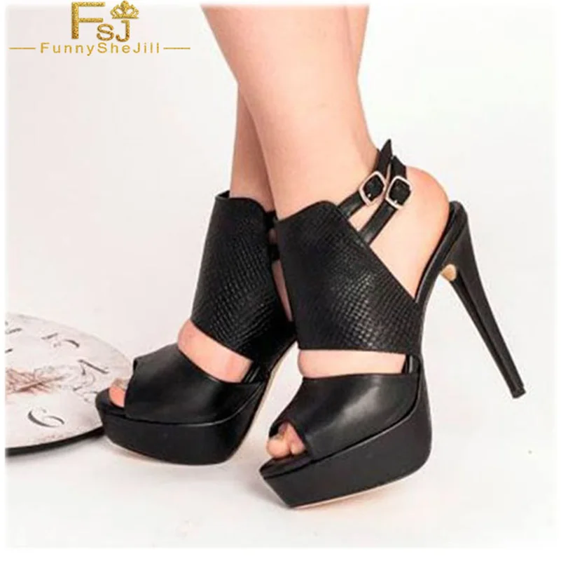 

FSJ Black Peep Toe Platform Slingback Women Sexy Pumps Leather Stiletto Heel Ankle Buckles Fashion Party Date Ladies Shoes 2022