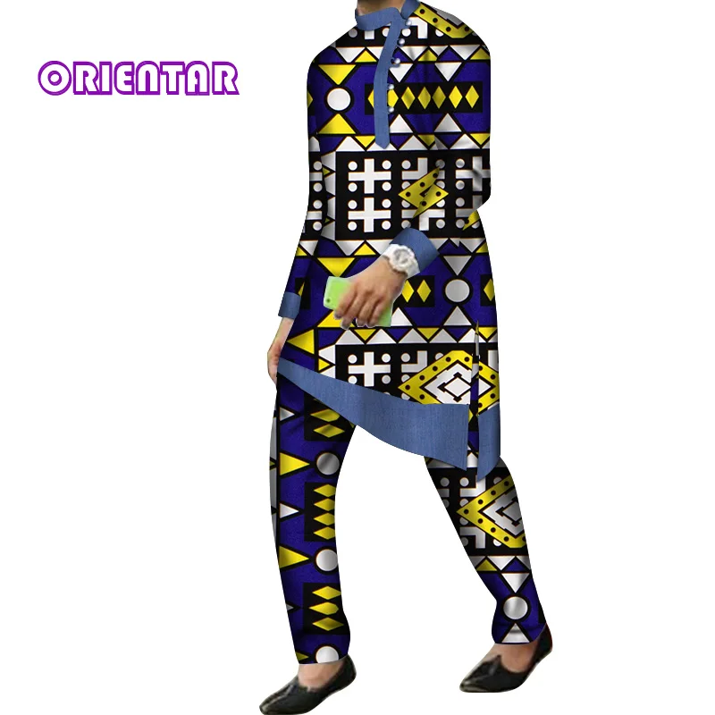 2 Pieces Set Men African Clothes Long Sleeve Shirt and Pants Traditional African Bazin Riche Print Dashiki Suit Trousers WYN844