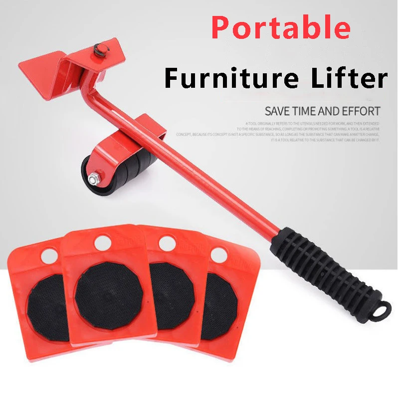 

5 In 1 4 Mover Roller + 1 Wheel Bar Moving Heavy Object Handling Tools Portable Furniture Lifter Transport Household Hand Set