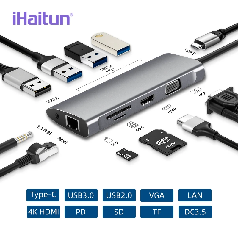 IHaitun usb-хаб C к Мульти USB 3,0 4K HDMI адаптер док-станция для Macbook Pro type C PD VGA SD TF DC3.5 для huawei 30 samsung порт 3,1