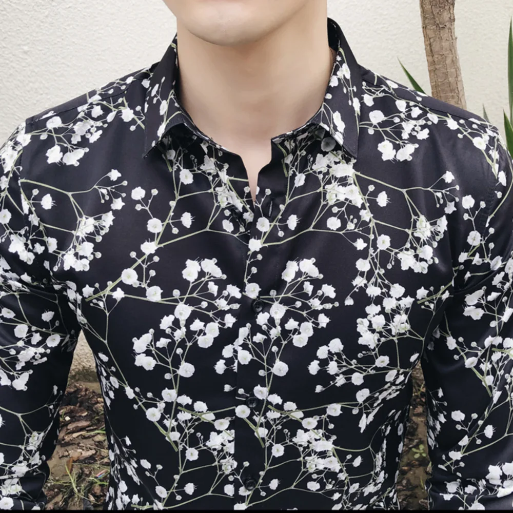

NEW 2019 Hawaiian Shirt Men Slim Fit Shirt Long Sleeve Shirts Fashion Flower Print Casual Dress Shirts Streetwear Camisa