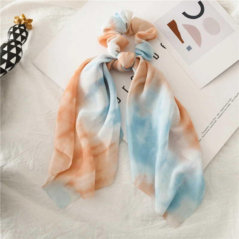 

New Tie-Dye Print Scrunchie Chiffon Elastic Hair Band For Women Ponytail Scarf Bows Rubber Bands Hair Tie Girls Hair accessories