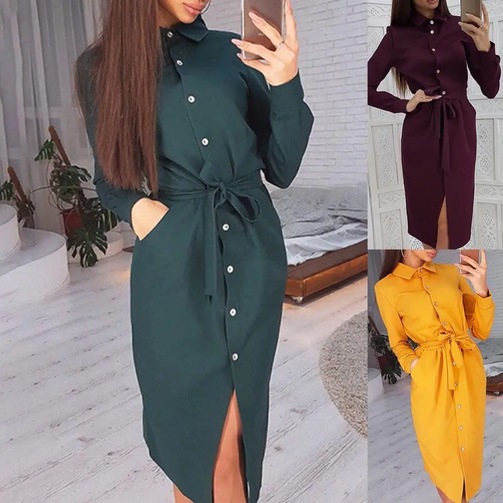 

80% HOT SALES！！！Women Long Sleeve Turn Down Collar Belt Single-breasted Knee-length Shirt Dress