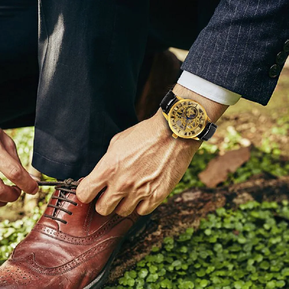 Роскошные золотые мужские механические часы с скелетом FORSINING модные брендовые