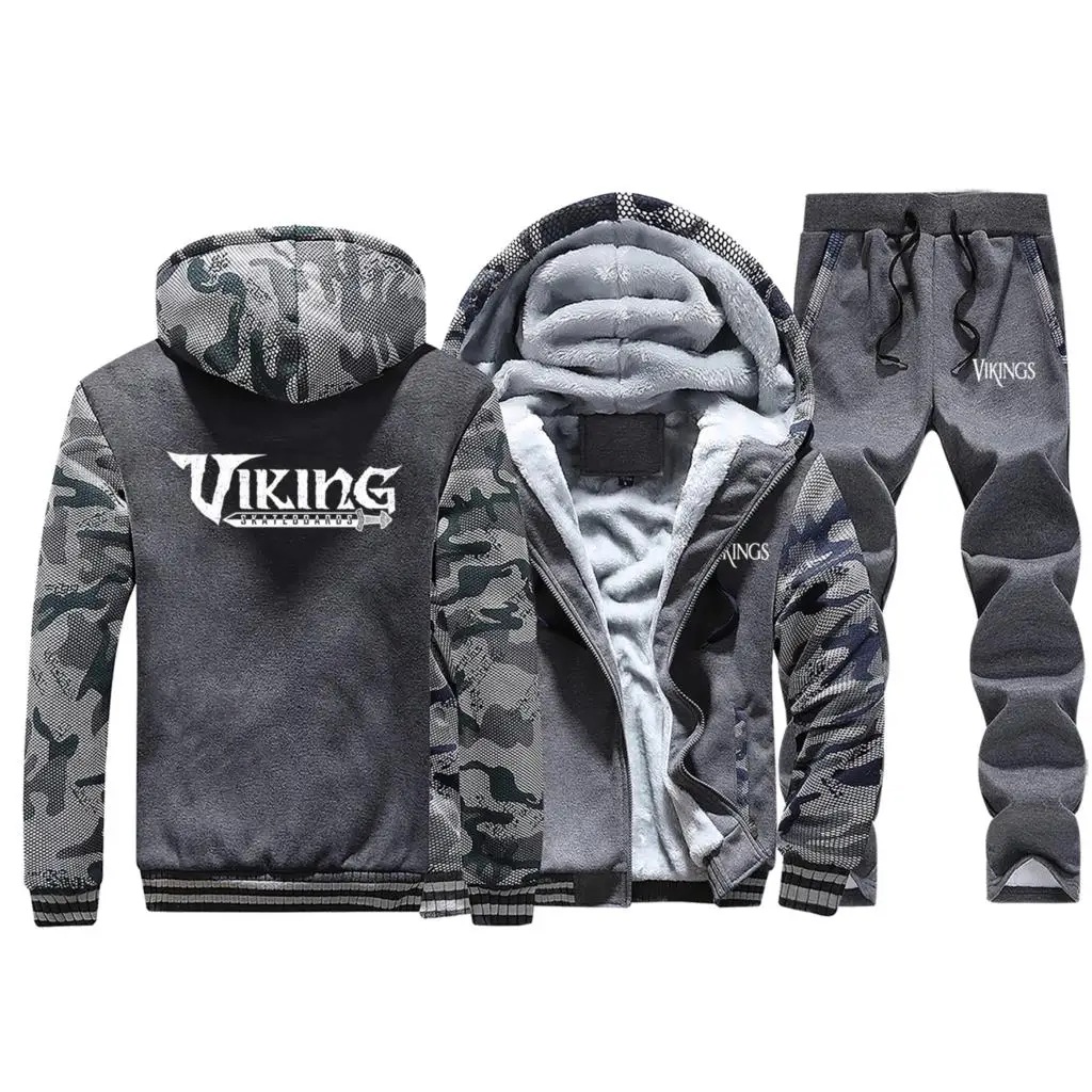 Dark Gray 5 Спортивный костюм VIKINGS, теплая зимняя флисовая толстовка с капюшоном, Мужская камуфляжная куртка, Мужская куртка на молнии+ штаны, 2 шт. в комплекте, спортивный костюм, верхняя одежда - Цвет: Dark Gray 5