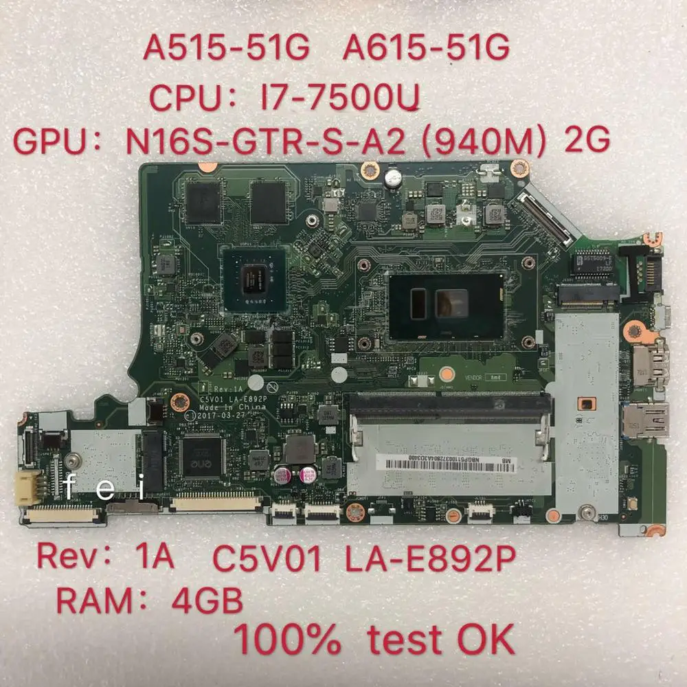 Материнская плата LA E892P ACER DDR4 Intel новый для A515 51G Процессор I7 7500U GPU N16S GTR A2 940M 2GTest