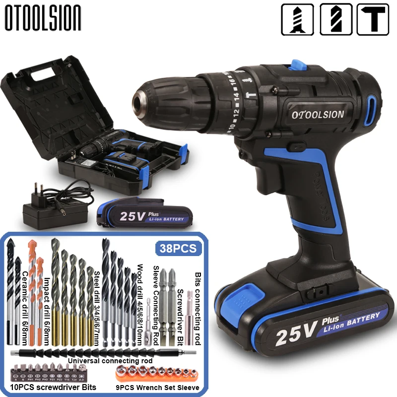 Бесщеточный шуруповерт 25 В с ударом, электрическая дрель 2 скорости, набор инструментов для сверления и закручивания на 38 аксессуаров.