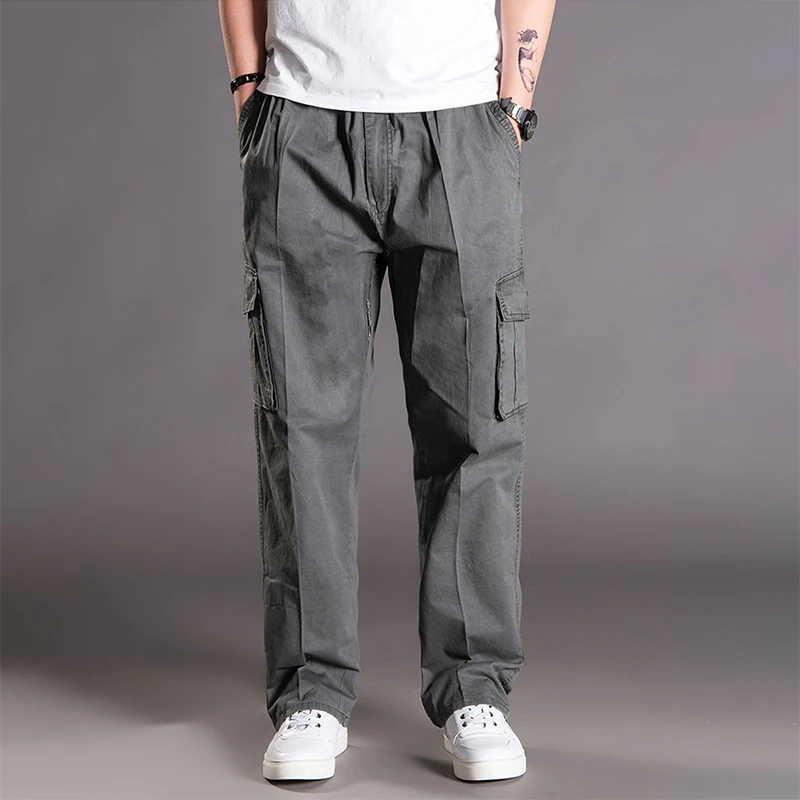

Brand Spring Autumn Men Casual Cargo Pants 95% Cotton Multiple Pockets Male Thin Trousers Loose Plus Size Oversize 2021