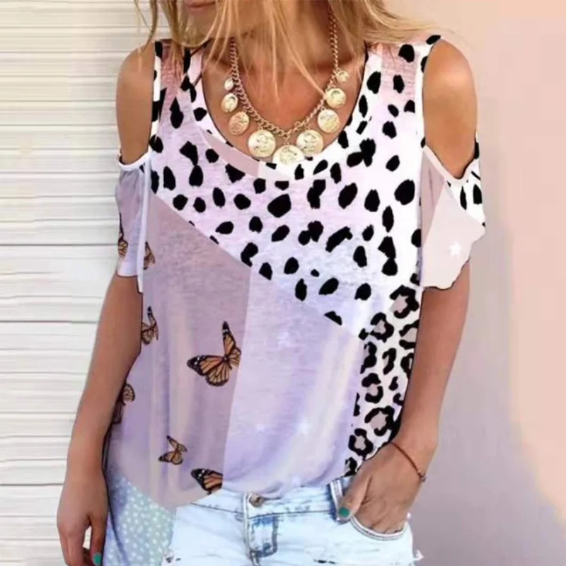 

Vintage Leopard Print Patchwork Off Shoulder Blouse Shirts For Women 2021 Elegant O-Neck Tops Ladies Summer Short Sleeve Blouses