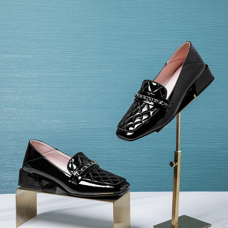 

fashion sexy square heels shoes woman size 34-42 Beautiful chain decoration real genuine leather women low heels shoes