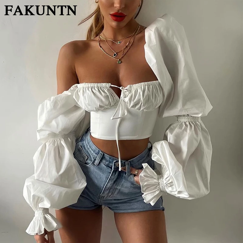 

FAKUNTN White Flared Sleeves Top Women Blouses Shirt Summer 2021 Sexy Backless Square Collar Elegant Crop Top Fashion Blouses