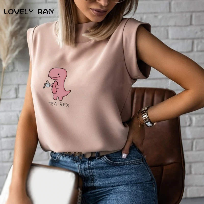 

Cartoon Print Cute Dinosaur Women Blouses Pullover Pink Short Sleeve Stand Collar Casual Shirt Office Lady Cool 2021 Summer New