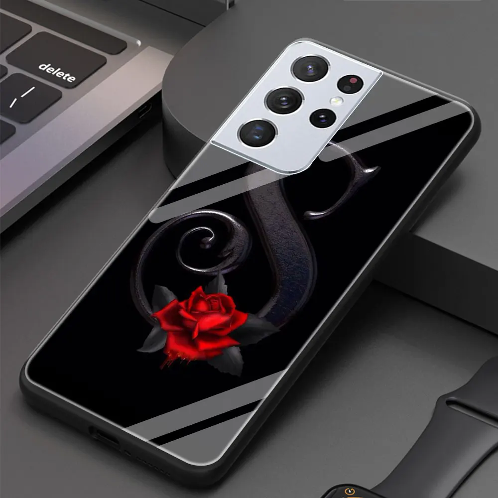 

Flower Clear Initial Letter Glass Cover for Samsung Galaxy S20 FE S21 S20 Ultra S10 Lite S10E S9 S8 Plus Luxury Soft Edge Case
