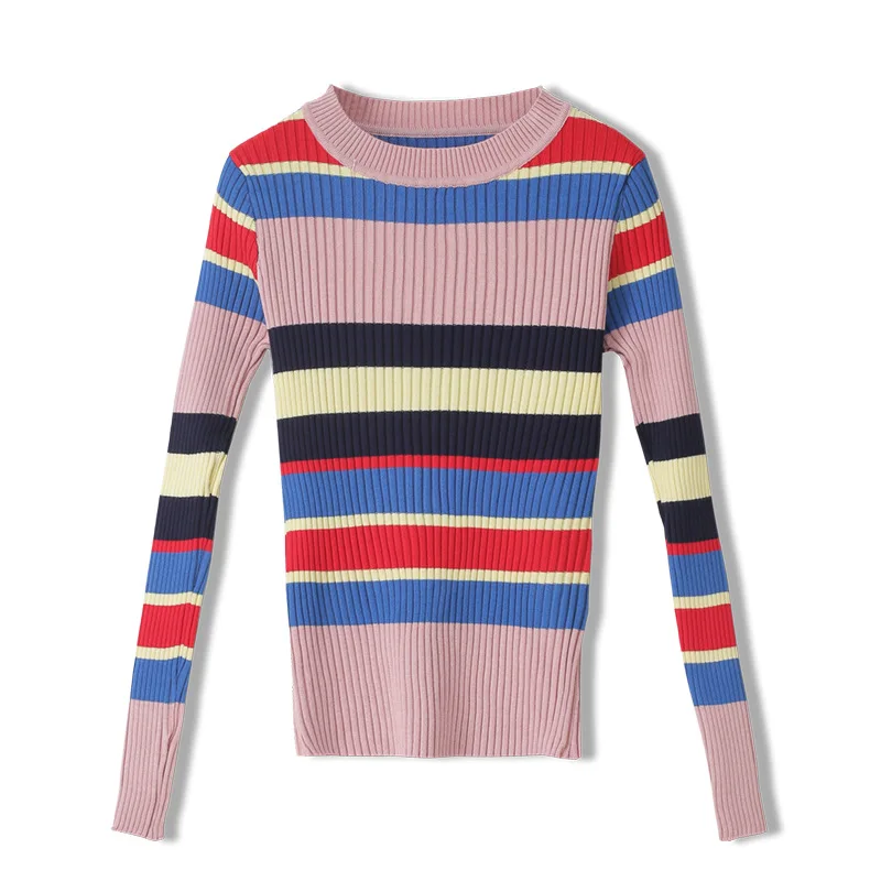 

Autumn Women Knitted Sweater High Quality Elegant Color Striped O-Neck Elastic Long Sleeve Pullover Slim Femmes Korean Tops
