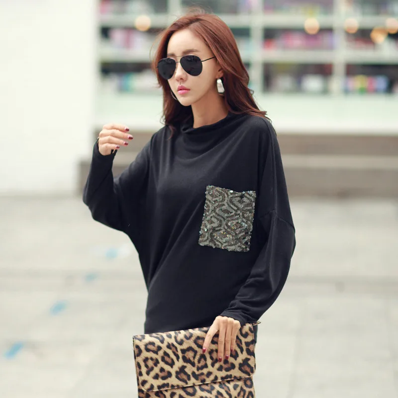 

Femme 2020 New Fashion Batwing Long Sleeve T Shirt Women Autumn Casual Tops Loose Women's Turtleneck Gray Tshirts WXF694