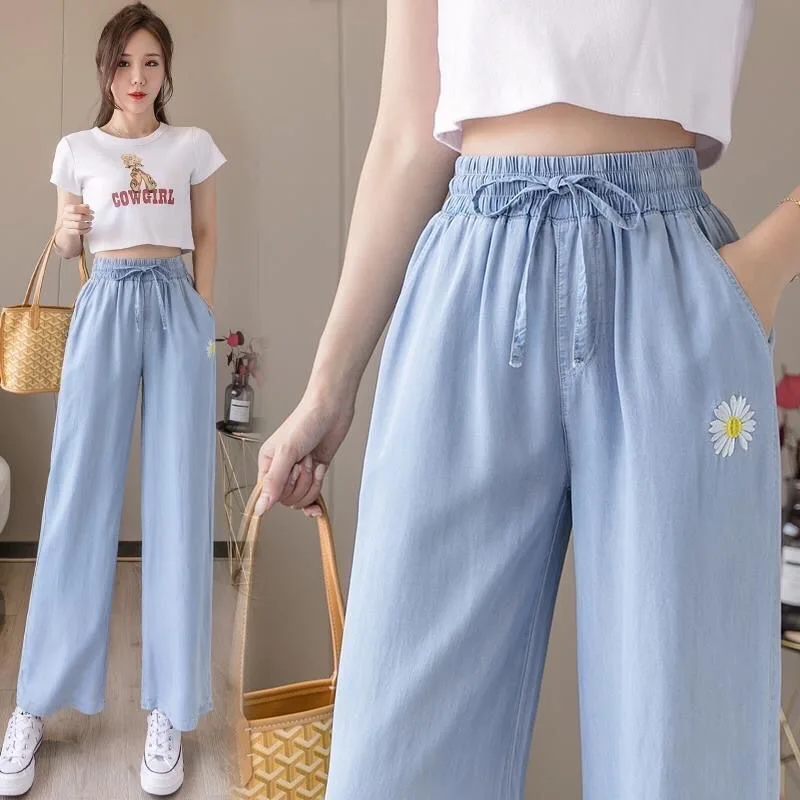 

Summer Women Cool Jeans High Waist Drawstring Straight Wide Leg Loose Tencel Jean Trousers Casual Woman Breathable Thin Pants