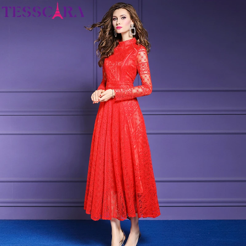 Женское длинное кружевное платье TESSCARA Осеннее винтажное дизайнерское макси