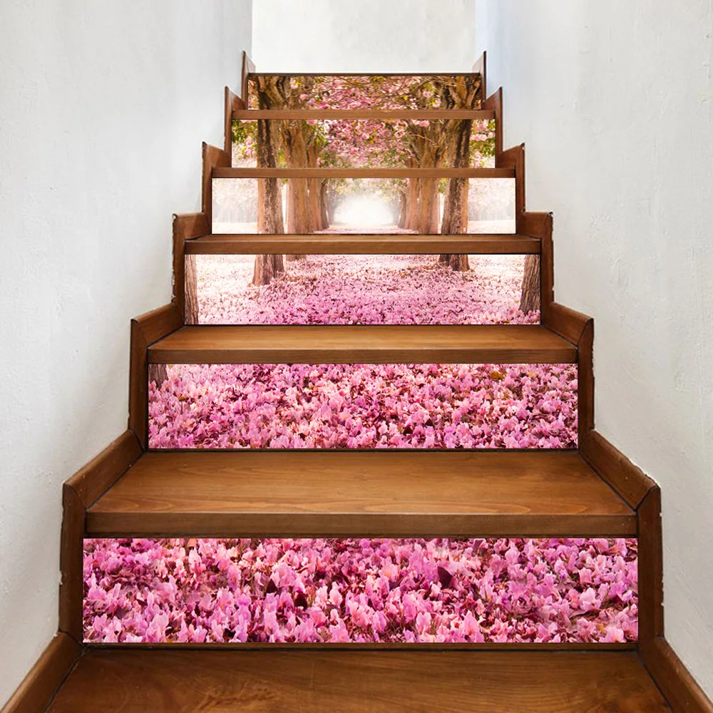

6pcs/13pcs Pink Cherry Blossoms Stairs Stickers Home Decoration Living Room Bedroom DIY Self-adhesive PVC Waterproof Mural Decal