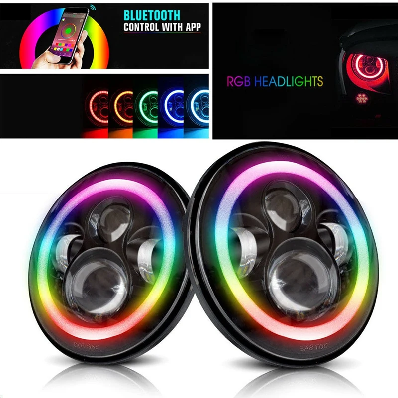 

7 Inch LED Headlights RGB Halo Ring Angel Eyes Round Multicolor DRL Bluetooth Remote for Jeep Wrangler JK TJ 1976-2017