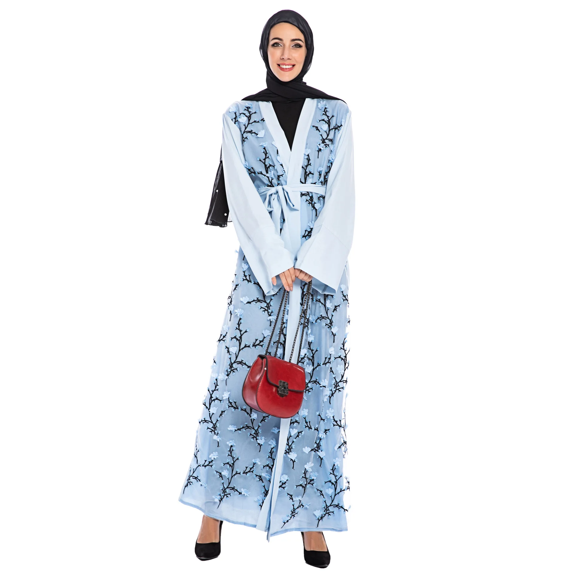 

Open Stitch Muslim Abaya Gown Cardigans Floral Embroidery Muslim Fashion Long Sleeve Casual Long Robes T1789