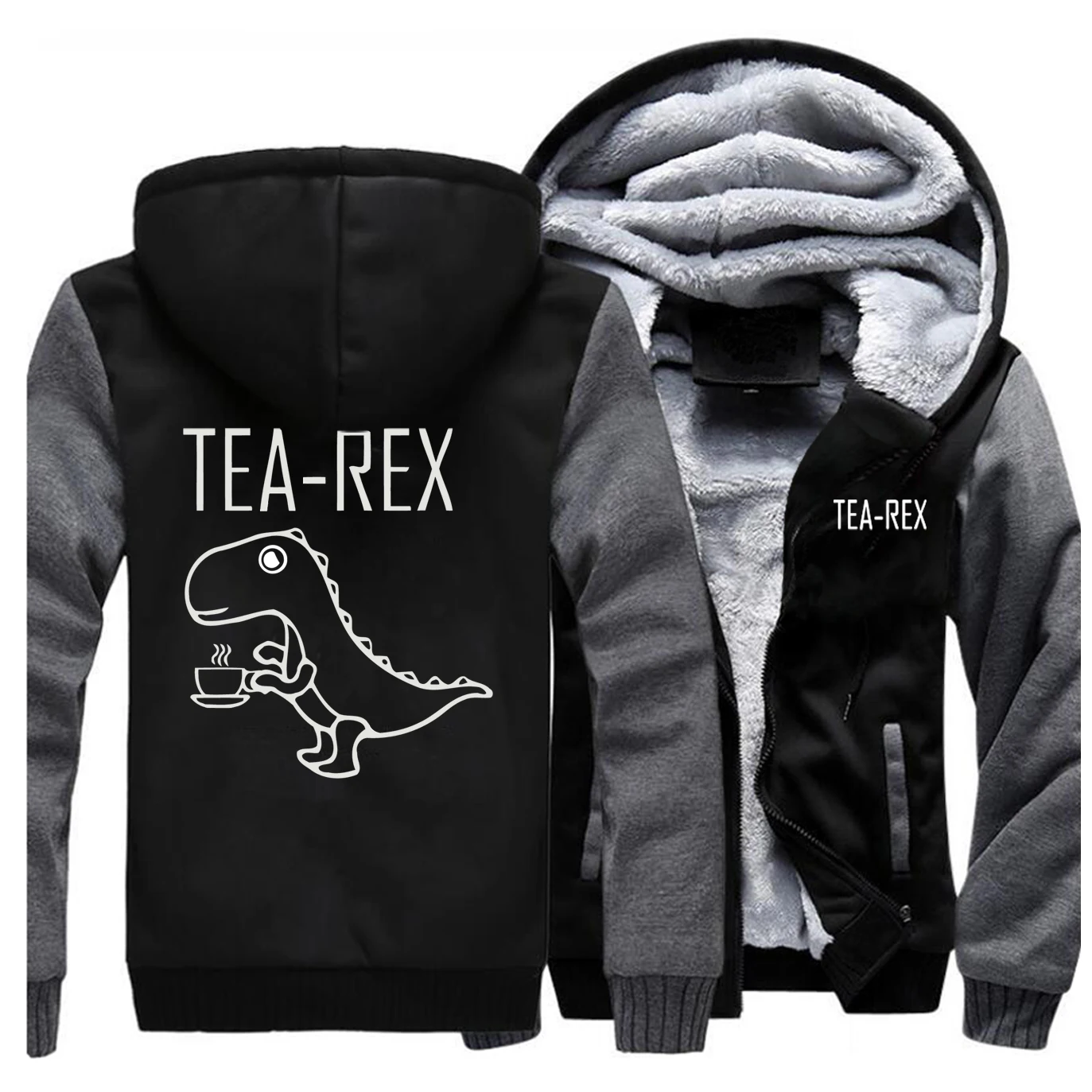 

2019 Winter Men Hoodies New Tea Rex Male Thick Sweatshirts funny dinosaur drink coffee Brand Coat High Quality Print Clothing