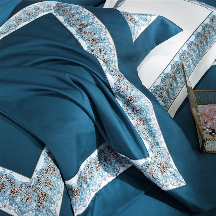 

Lovely Rococo Design Sky Blue Fabric 4Pieces Bedding Sets Digital Printing BedSheets Pillowcase Duvet Cover Queen King Size