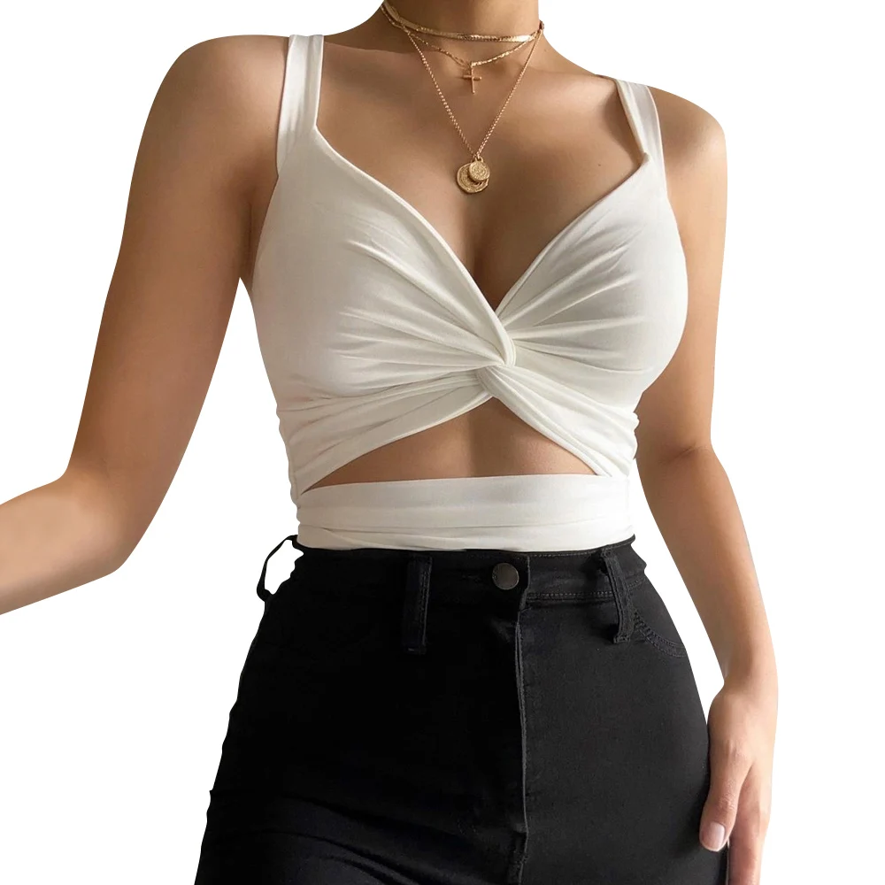 

Sexy kink V-neck Backless Short Top 2021 New Fashion Camisole Solid Color Summer Women Elegant Slim Fit Party Short Blouses D30