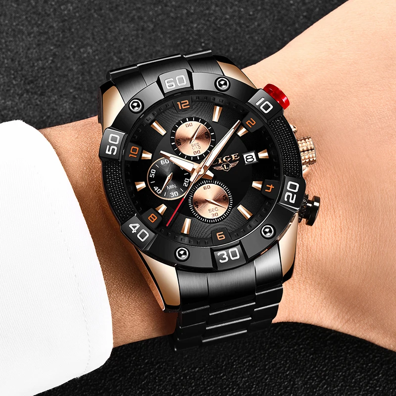 LIGE Mens Watches Stainless Steel Waterproof Wrish Watch Multi Function Gold Luxury Sport Montre Homme Luxe +Bo | Наручные часы