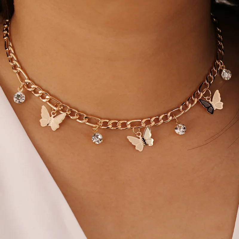 

Punk Butterfly Choker Necklace For Women Gold Thick Chain alloy Diamond Pendant Necklace Jewelry 2021 fashion
