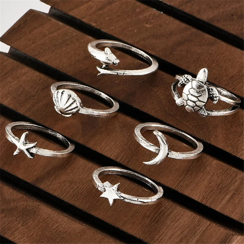 

Jewelry Gifts Women Starfish Moon Element 6 Piece Set Rings