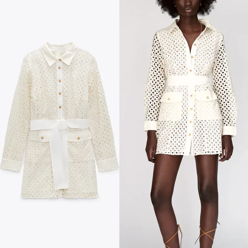 

2021 Summer Cutwork Embroidery Za Dress Women Long Sleeve Pleat Belted Shirtdress Button Up Openwork Embroidered Mini Dresses
