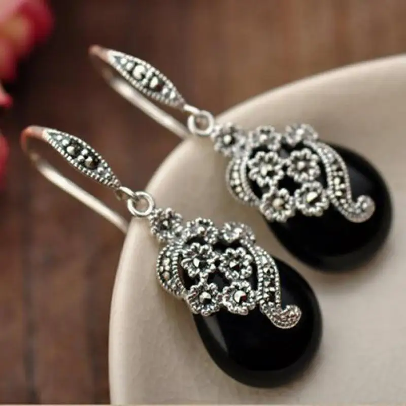 

GQTORCH Real 925 Sterling Silver Drop Earrings For Women Vintage Flower Carving Black Green Agate Natural Gemstone Fine Jewelry