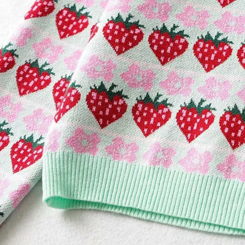 

Strawberry Sweater Cardigan For Women Sweet V Neck Long Sleeve Single Breasted Knitted Top Lady Vintage Loose Streetwear Autumn