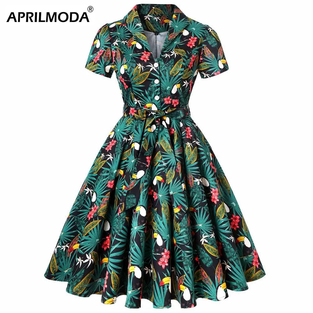 

Hepburn Style Vintage Women Midi Dress With Sashes Casual Print Short Sleeve High Waist Buttons Pleated Dance Swing Dresses