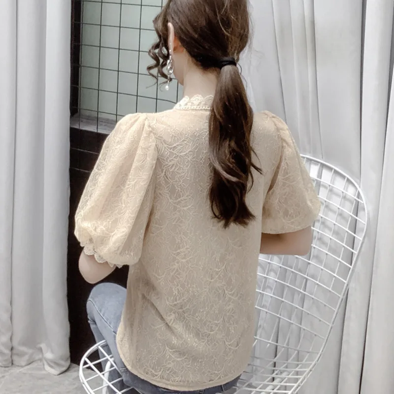 

Lace Patchwork Blouse Women Short Puff Sleeve 2021 Summer New Elegant Pearl Button Elegant Ladies Shirts Vintage Blusas Tops